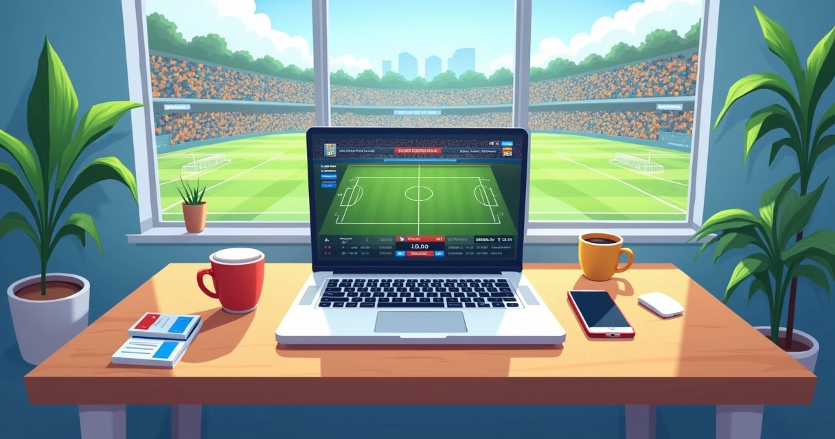Mesa com notebook transmitindo partida de futebol ao vivo e app de apostas aberto