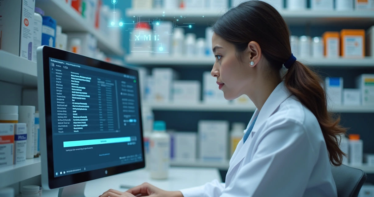 Farmacêutico usando computador para transmitir arquivos XML 