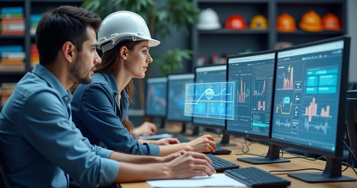 Telas de computador mostrando gráficos de SST em painel intuitivo, com pessoas analisando dados de segurança 