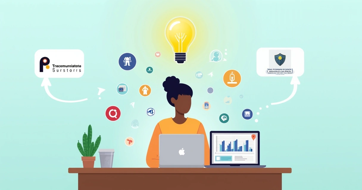 Ilustração de um consumidor analisando dados de telecomunicações em um laptop com gráficos claros e ícones de comunicação.