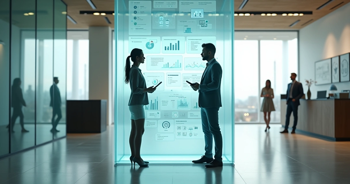 Gestores analisam painel financeiro transparente em ambiente corporativo claro 