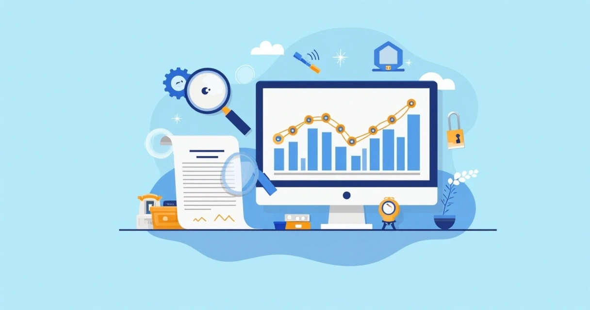Tela de computador com gráficos, contrato e ícone de lupa ao lado 