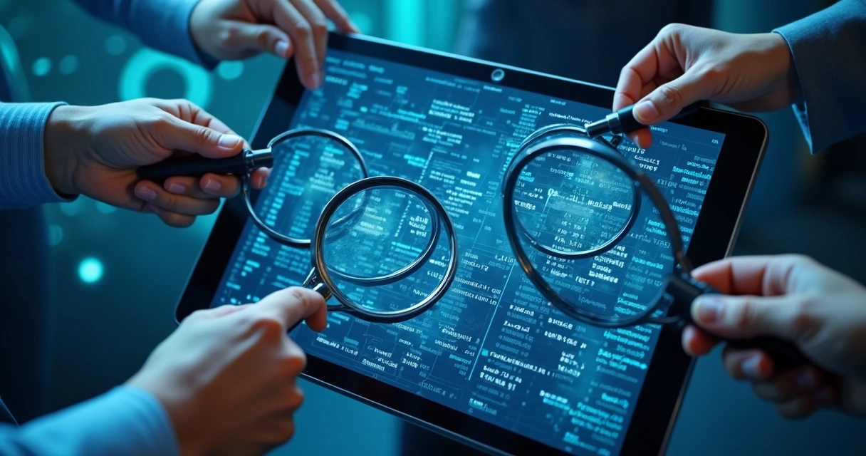 Tela de computador exibindo blockchain transparente com dados públicos e diversas mãos analisando 