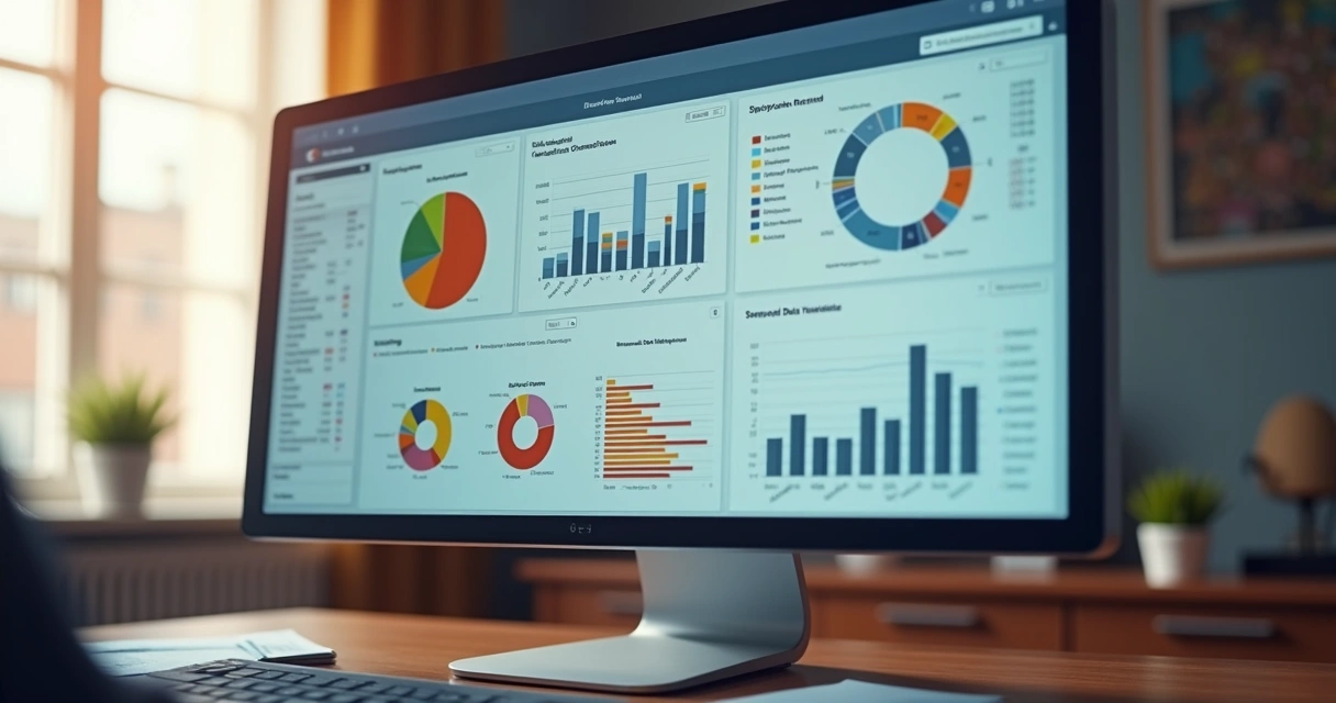 Tela de computador exibindo gráficos e documentos de gestão pública digital