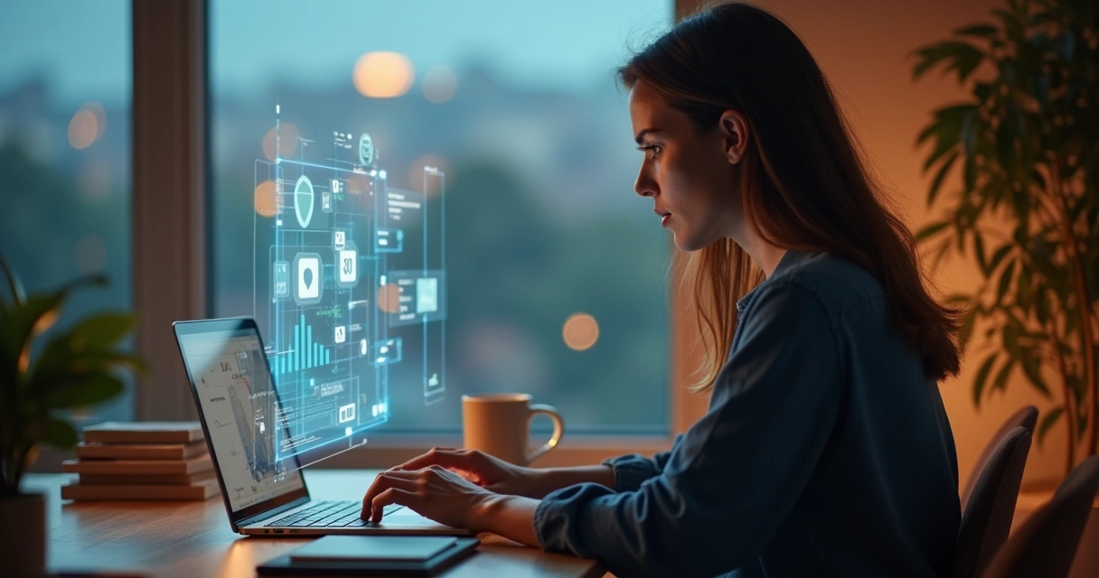 Profissional em home office dividido entre ambiente real e painel virtual de emoções 