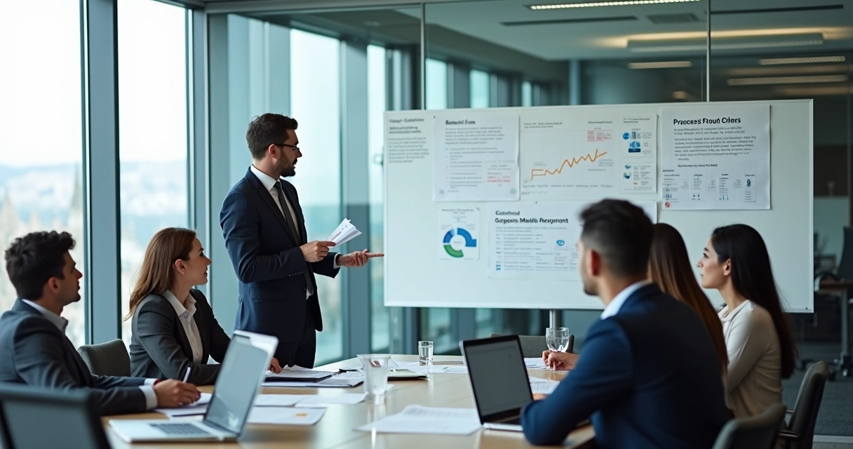 Gestor apresentando informações financeiras para equipe em sala de reuniões transparente com quadros de vidro 