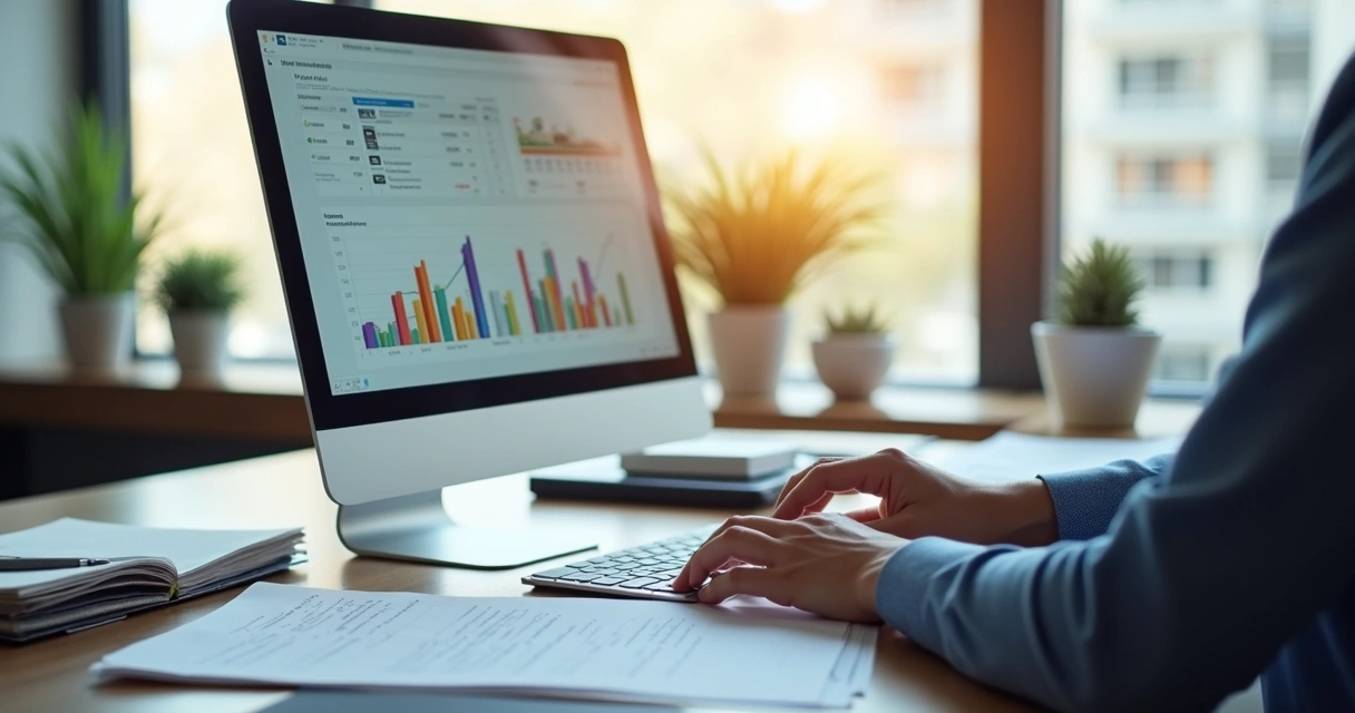 Tela de computador mostrando gráficos financeiros de condomínio em ambiente profissional 