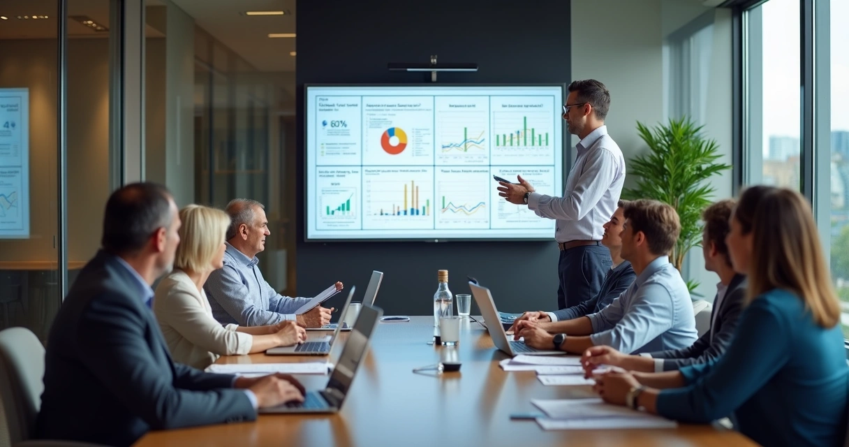 Síndico mostrando relatórios digitais a condôminos em sala de reunião 