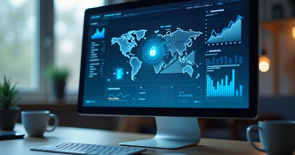 Tela de computador mostrando gráficos e ícones de segurança digital, com visual limpo e institucional 
