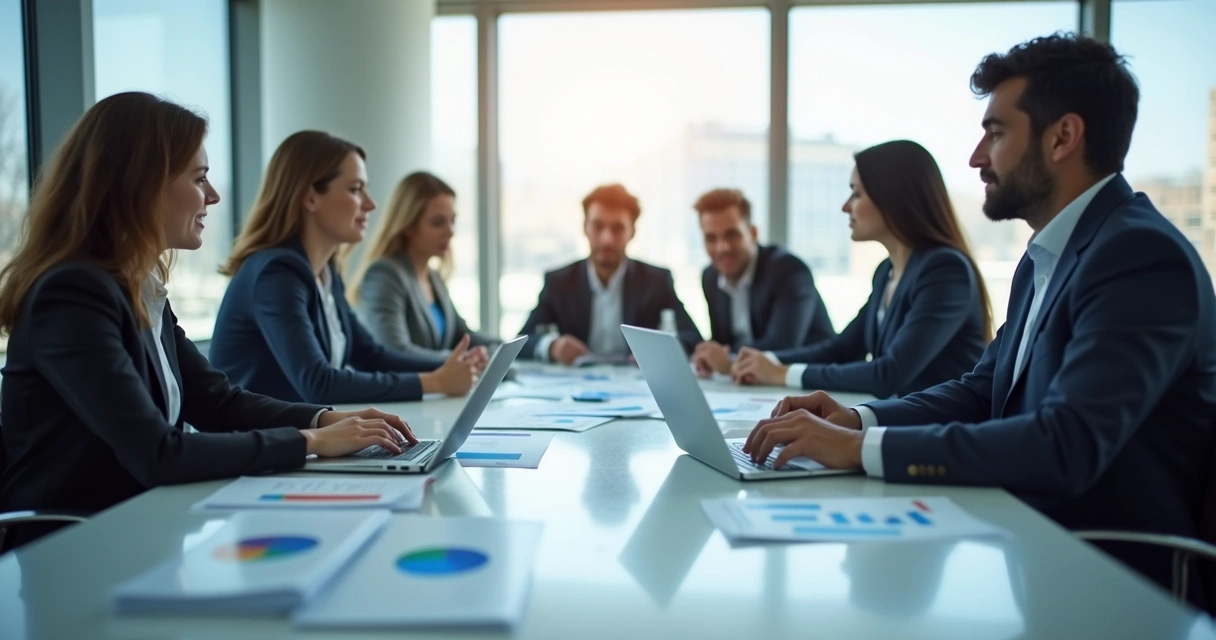 Mesa de reunião corporativa com documentos de compliance e laptops abertos, elementos gráficos de transparência e ética empresarial em segundo plano 