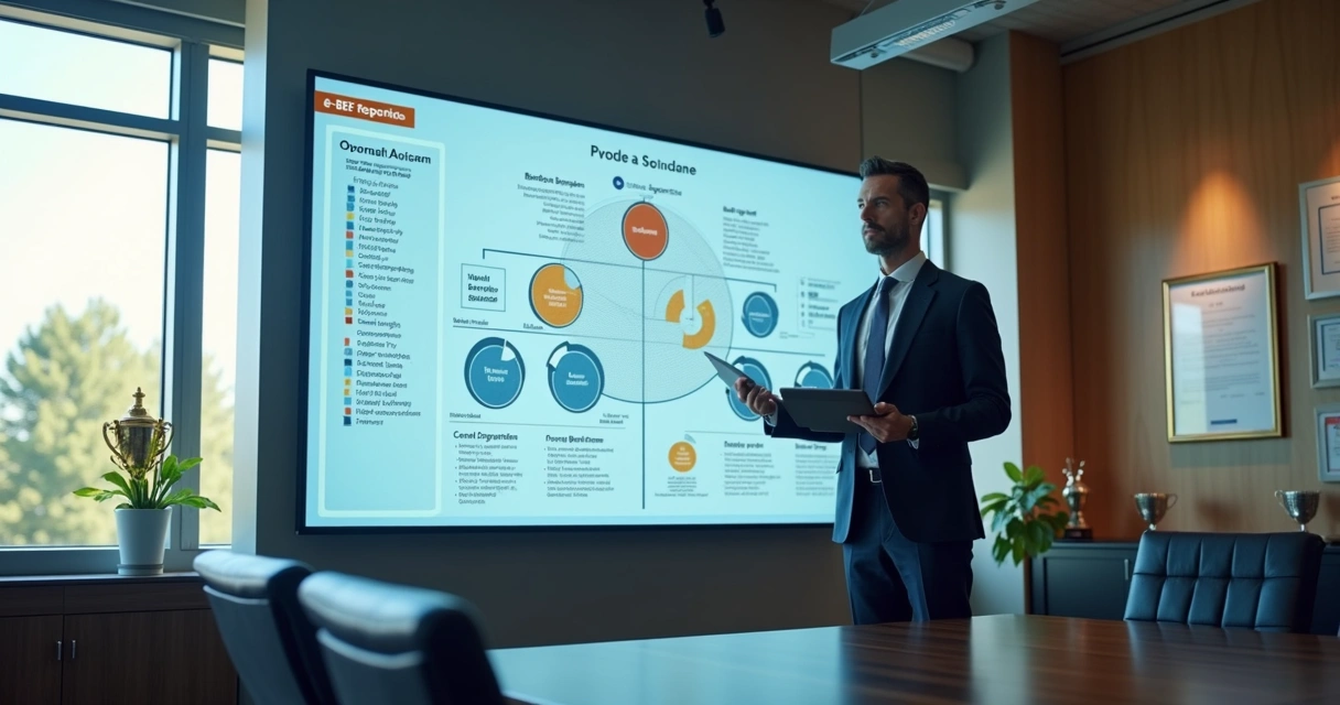 Gestor revisando gráficos de fundos e lista de beneficiários em tela grande 