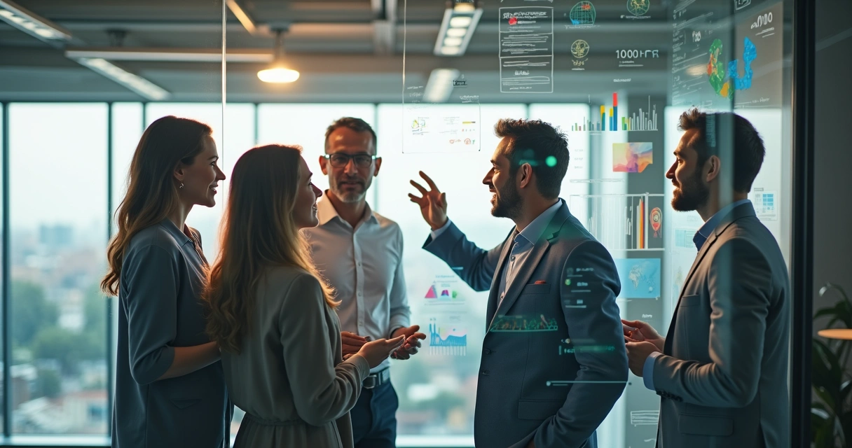 Grupo de profissionais trocando ideias em um escritório moderno