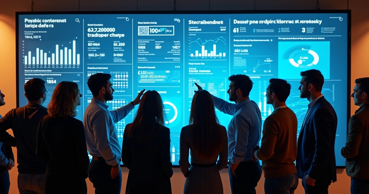 Cidadãos em frente a um painel digital mostrando dados de contratos públicos