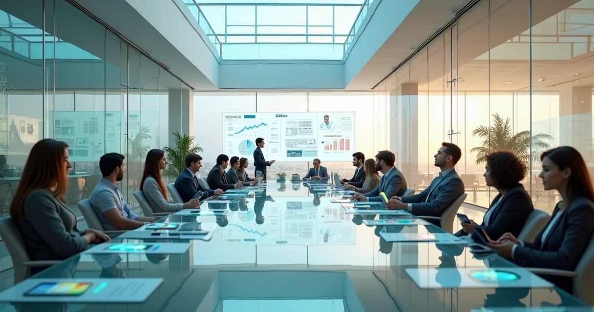 Executivos em andar de vidro com andamento transparente vistos de cima 