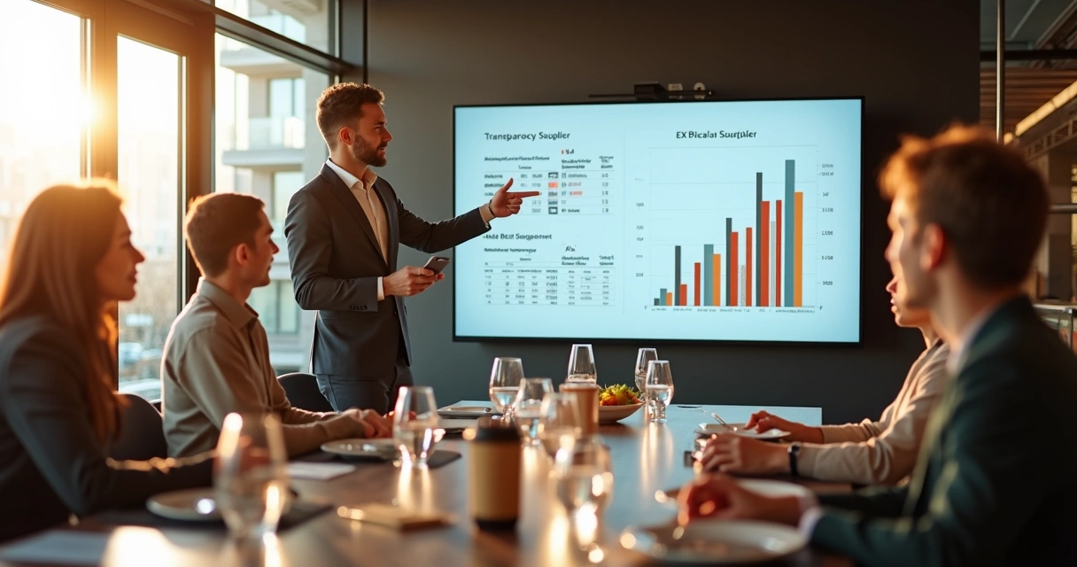 Gestor mostrando relatório de transparência para fornecedor 