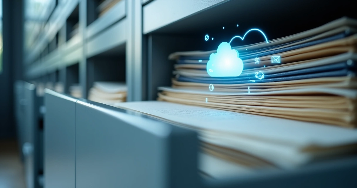 Armário aberto com documentos fiscais digitalizados e certificados em nuvem visíveis no fundo 