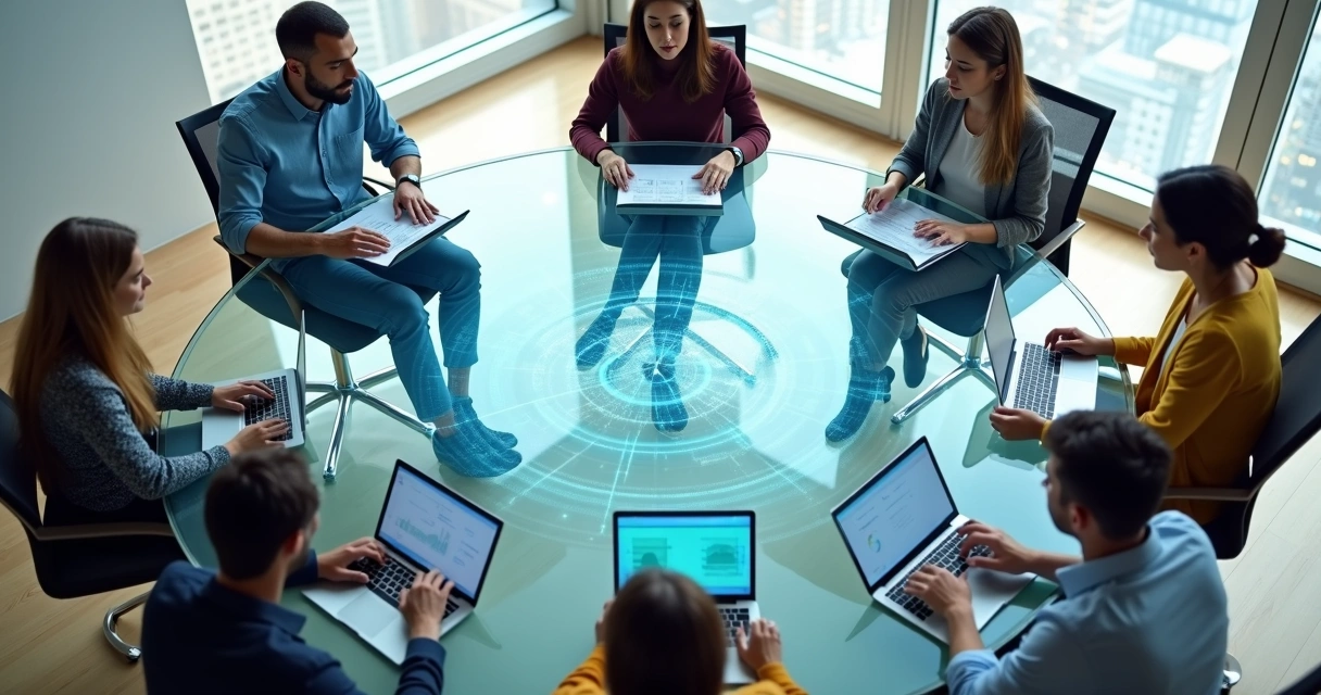 Overhead view of diverse group at circular glass table with shared holographic data 