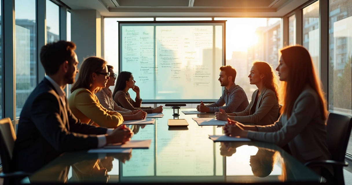 Team meeting discussing plans openly around a modern glass table