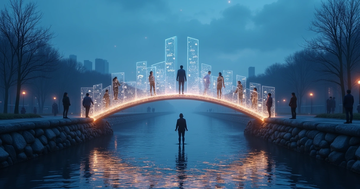 People on opposite riverbanks linked by a glowing transparent bridge 