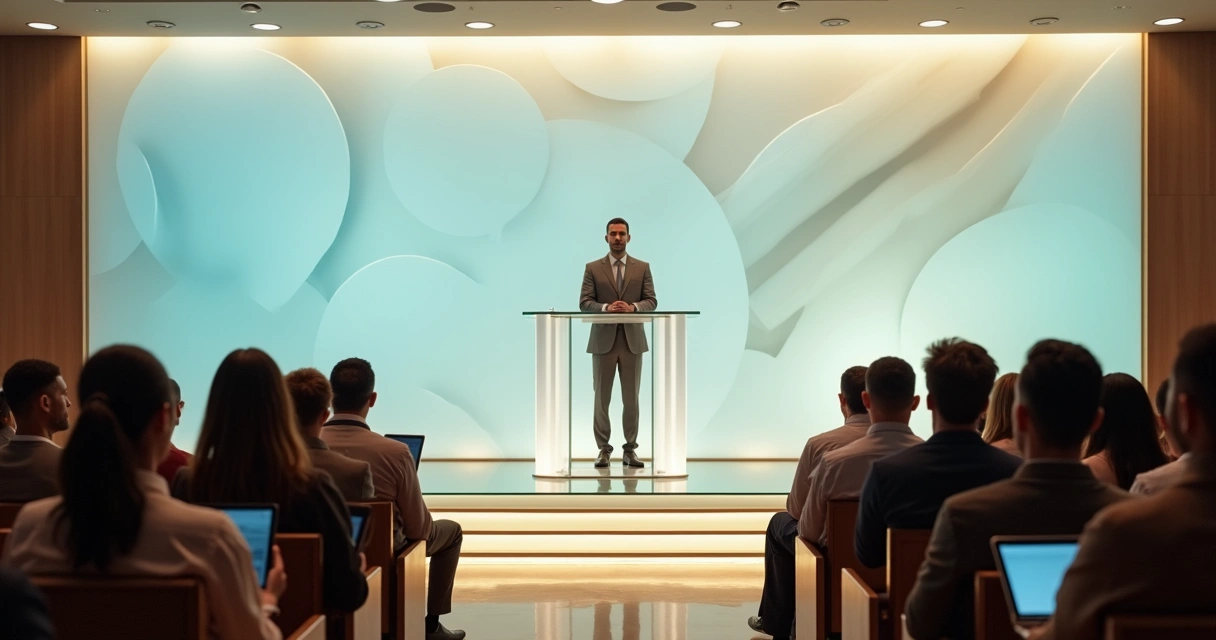 Leader speaking from illuminated transparent platform to attentive audience 