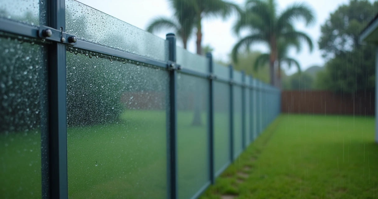 Transparent polycarbonate fence panels facing strong wind in wet backyard 