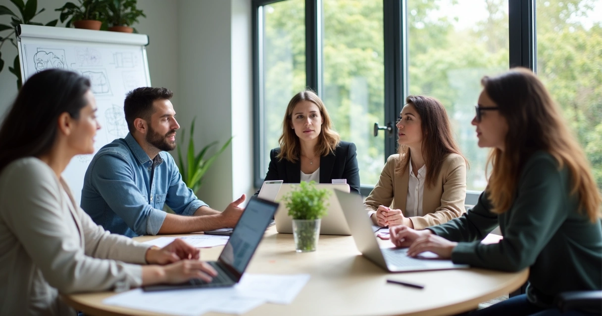 Team meeting around a table with open notebooks 