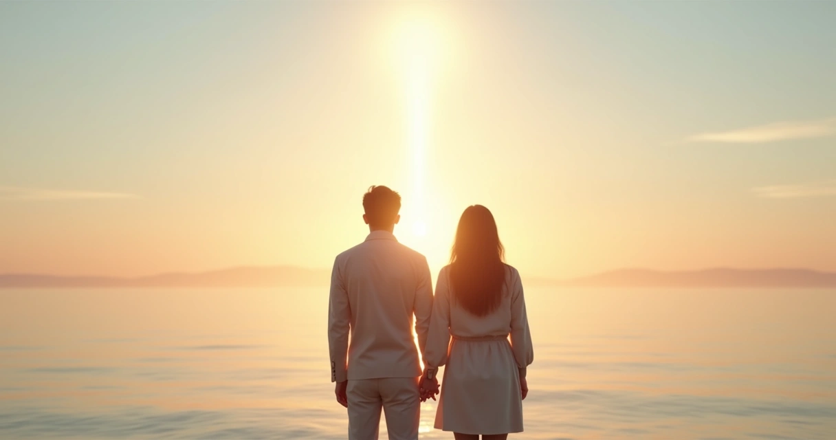 Couple standing on shoreline facing shared glowing horizon 