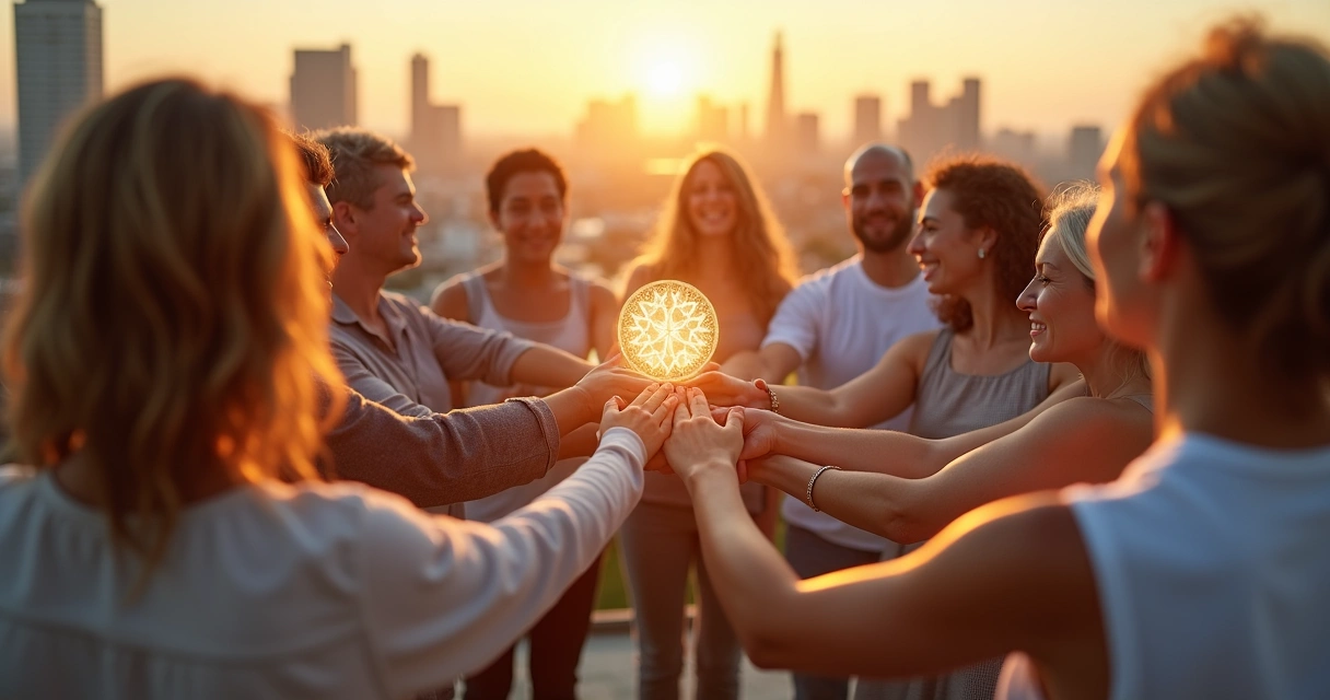 Diverse group in circle with glowing symbol above hands 