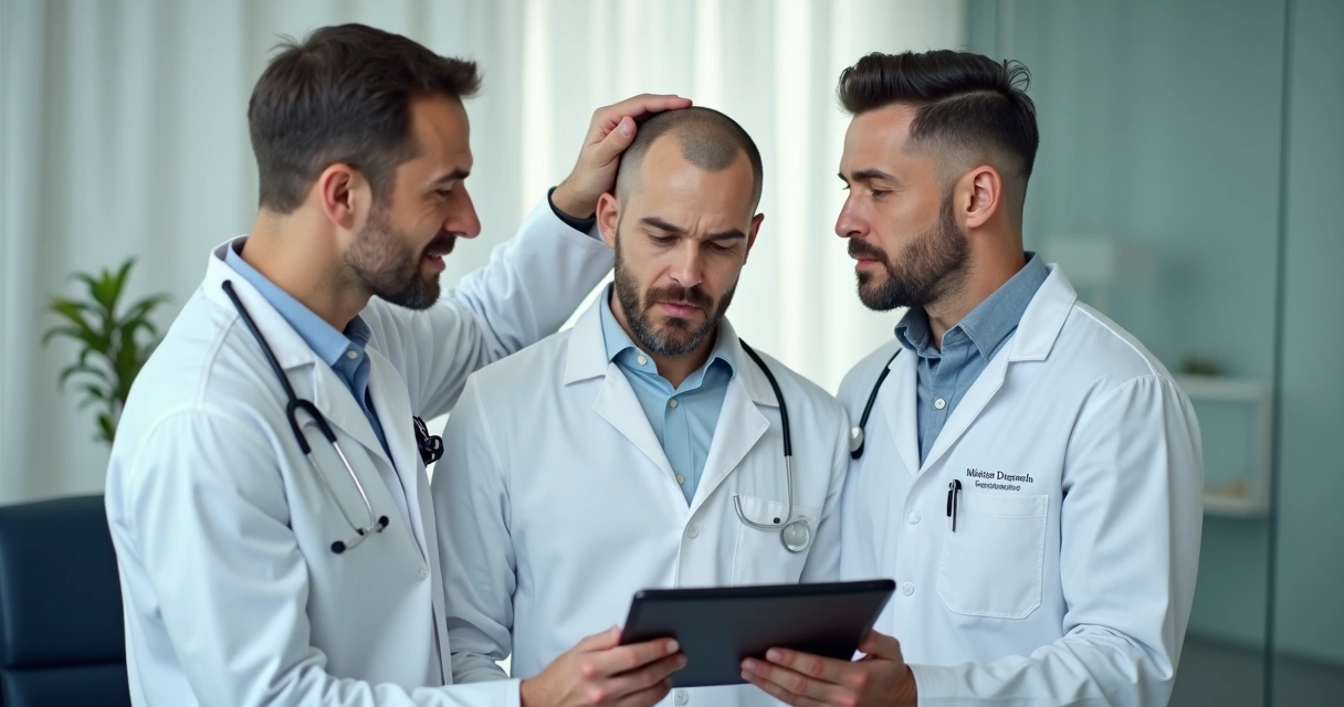 Consulta de transplante capilar entre médico e paciente 