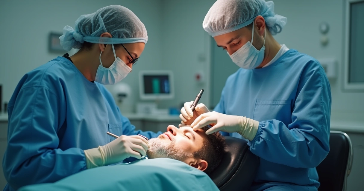 Médicos realizando transplante capilar em paciente
