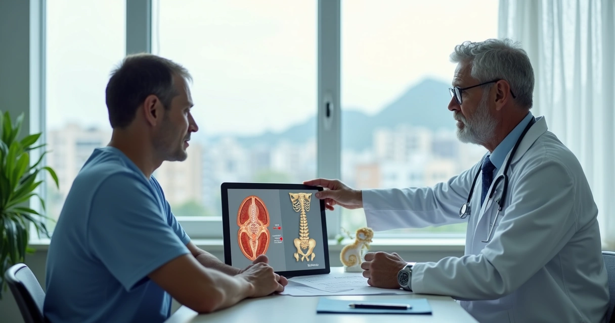 Médico hematologista explicando transplante de medula óssea para paciente em consultório 