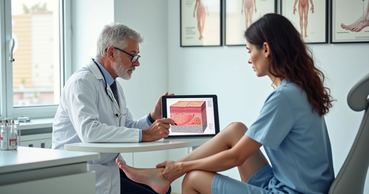 Dermatologista explicando transplante de melanócitos para paciente com vitiligo estável na perna 