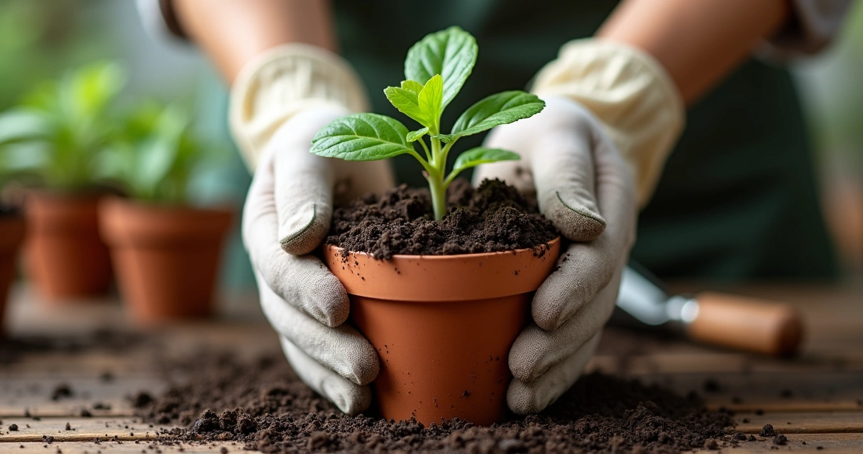 Transplante de muda para vaso com substrato orgânico escuro 