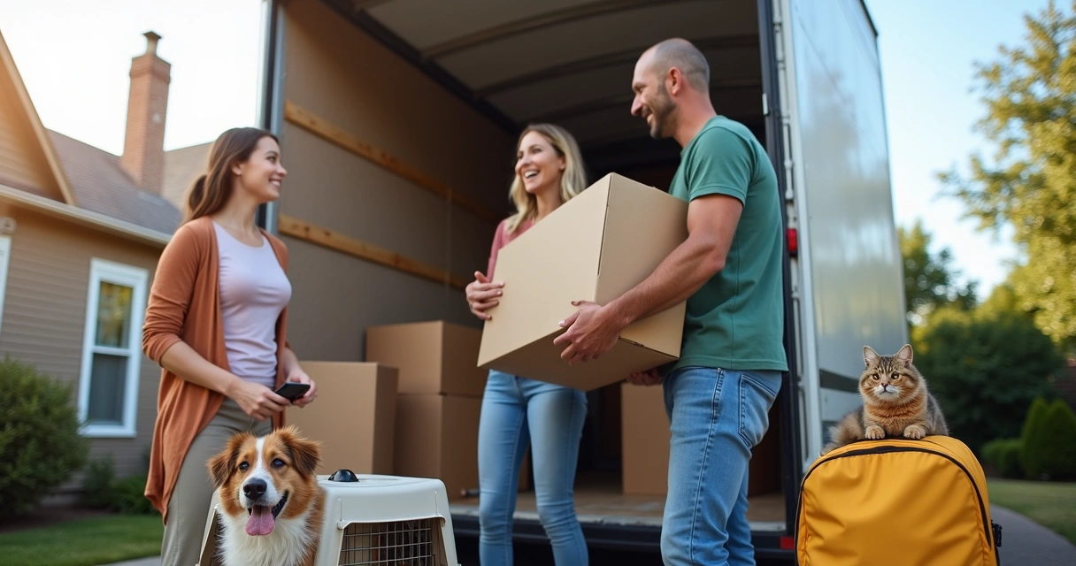 Família preparando caixas e transportando pet 