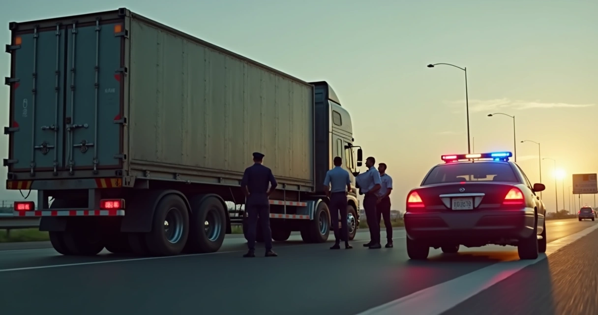 Caminhão parado em estrada com viatura da polícia verificando carga 