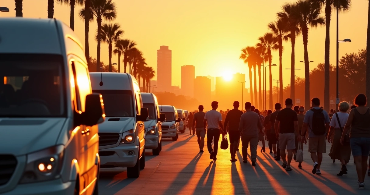Vans e carros chegando a festival de música em Orlando ao entardecer. 