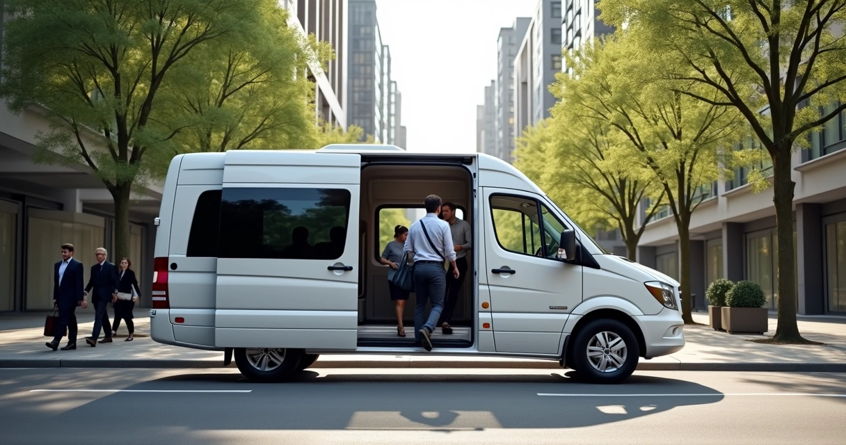 Colaboradores entrando em van corporativa em ambiente urbano com luz natural 