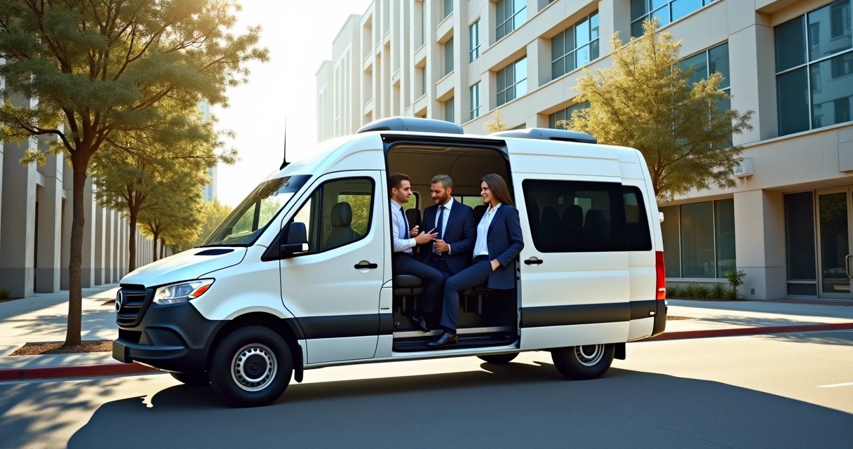 Van corporativa branca estacionada em rua urbana com colaboradores entrando confortavelmente 
