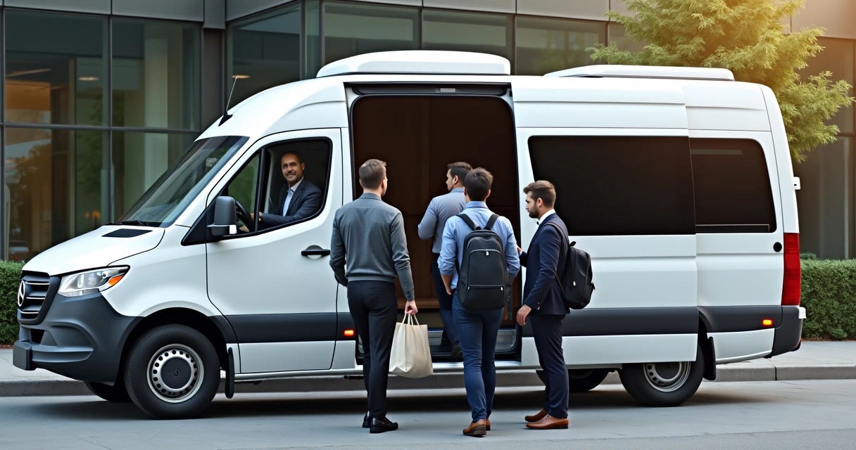 Van corporativa branca com motorista ao volante e colaboradores embarcando em local urbano seguro 