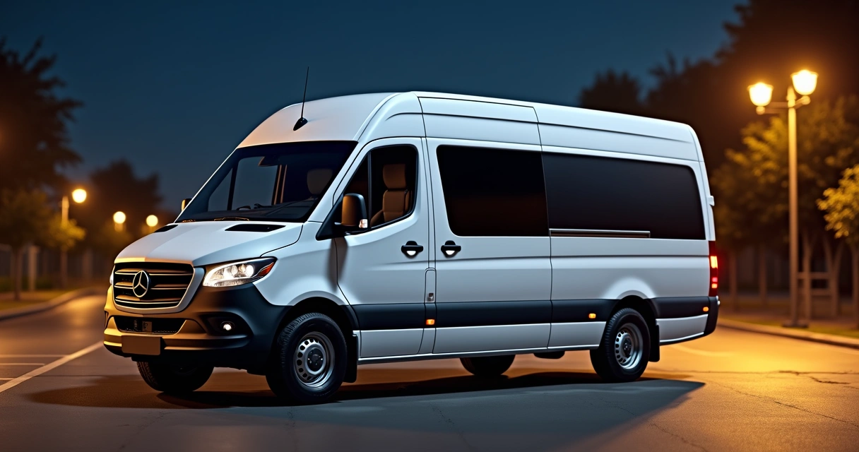 Van branca de transporte corporativo aguardando passageiros à noite em rua urbana iluminada 