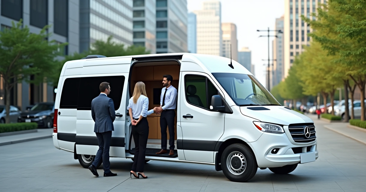 Van branca executando transporte corporativo em área urbana com funcionários entrando e ruas ao fundo 
