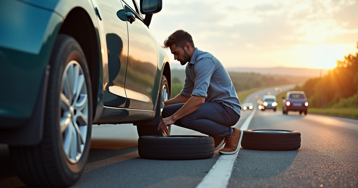 Pessoa trocando pneu de carro no acostamento 
