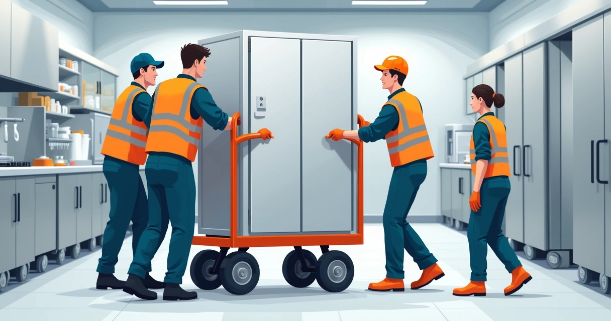 Equipe usando carrinho para movimentar geladeira industrial. 