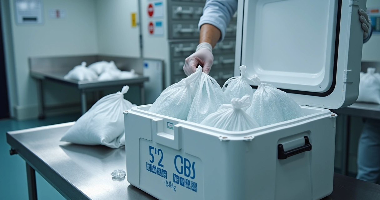 Sacos de ráfia com gelo sendo transportados em caixa térmica limpa 