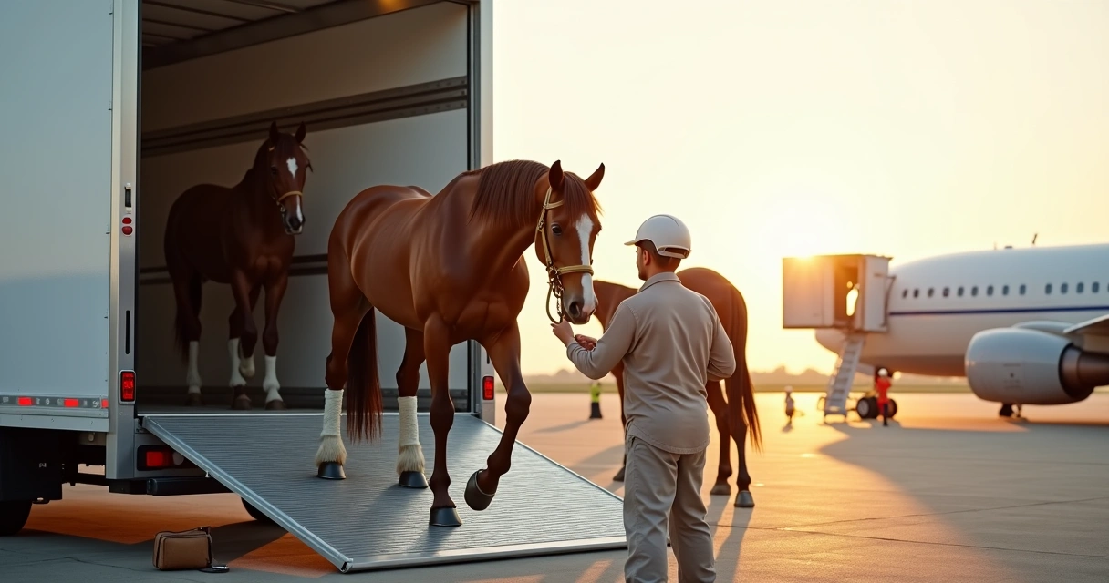 Cavalos de haras sendo embarcados em caminhão especial para transporte internacional 
