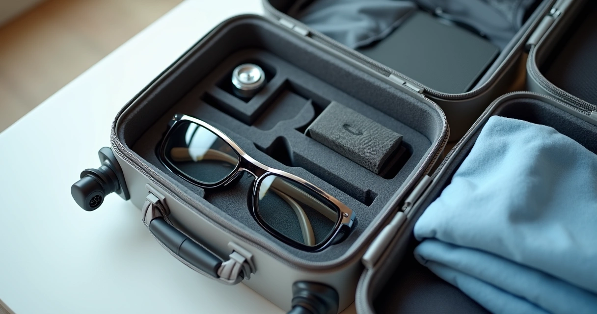 Profissional da saúde guarda lupa Zumax em estojo rígido dentro de mala de viagem 