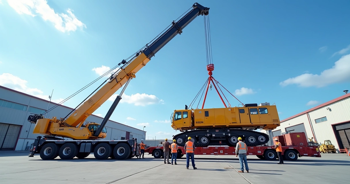 Guindaste telescópico elevando máquina pesada em área industrial com equipe técnica ao redor e veículos especializados para transporte 