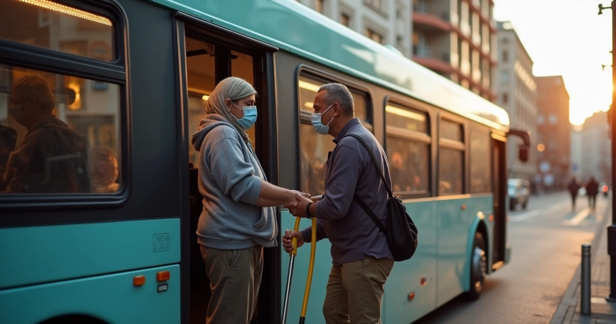 Paciente com câncer entrando em ônibus adaptado com ajuda 
