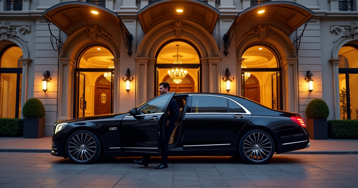 Carro premium preto parado em frente a hotel elegante