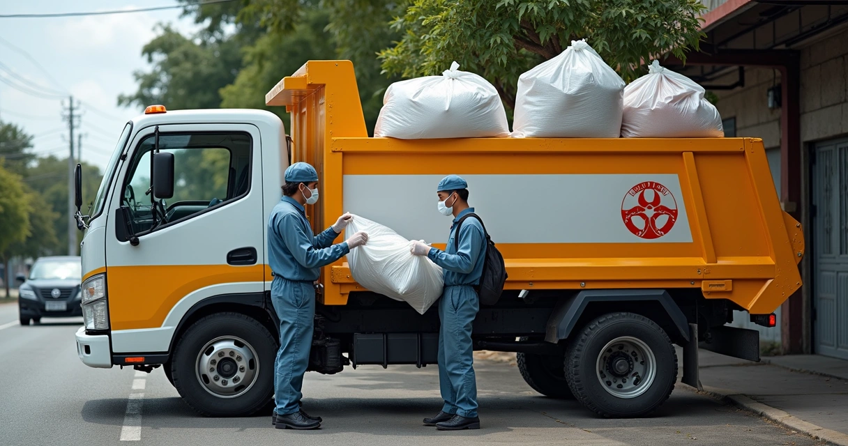 Veículo especial sinalizado transportando resíduos hospitalares infectantes em área urbana. 